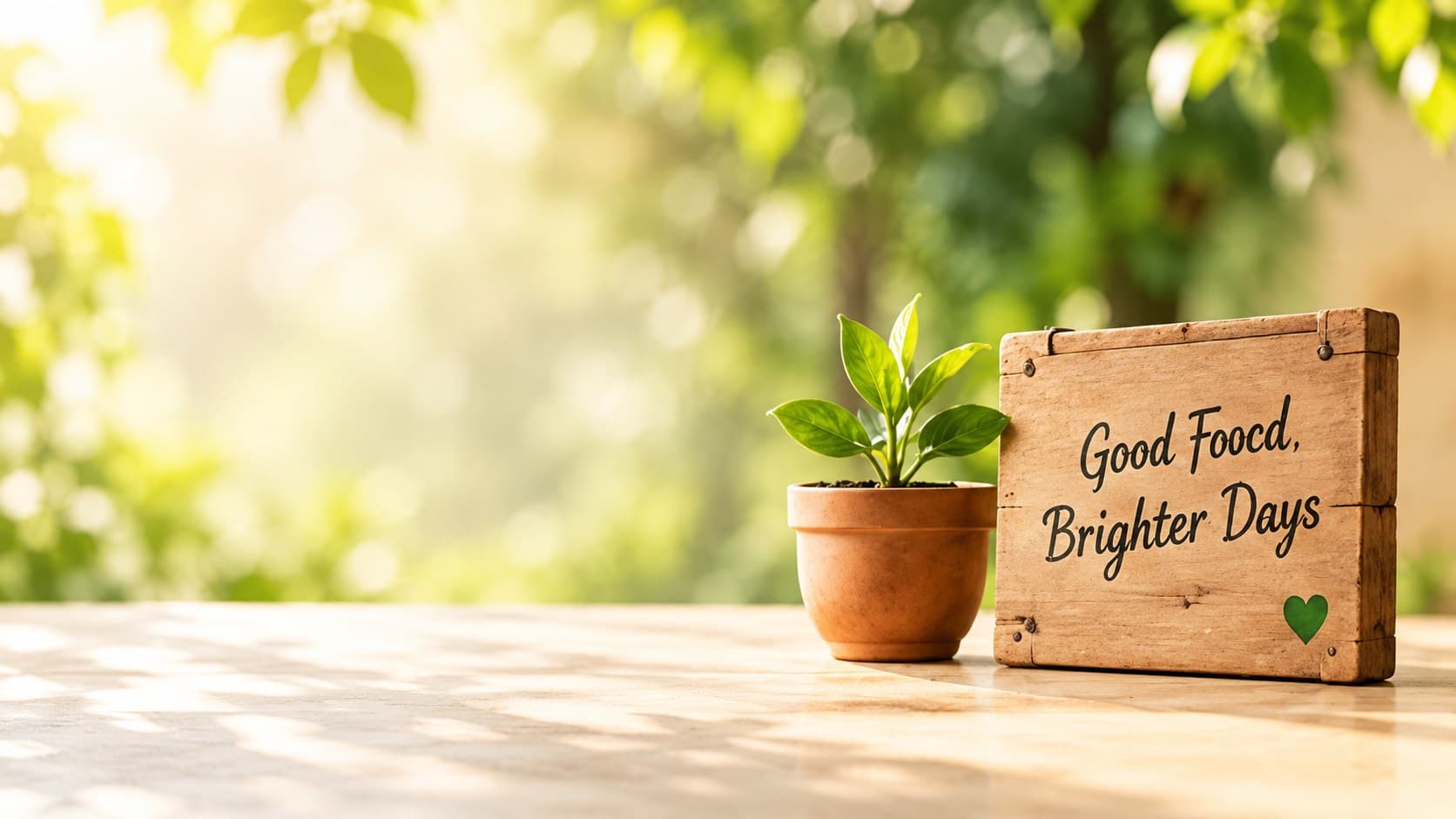 A small potted plant beside a wooden sign reading Good Food, Brighter Days