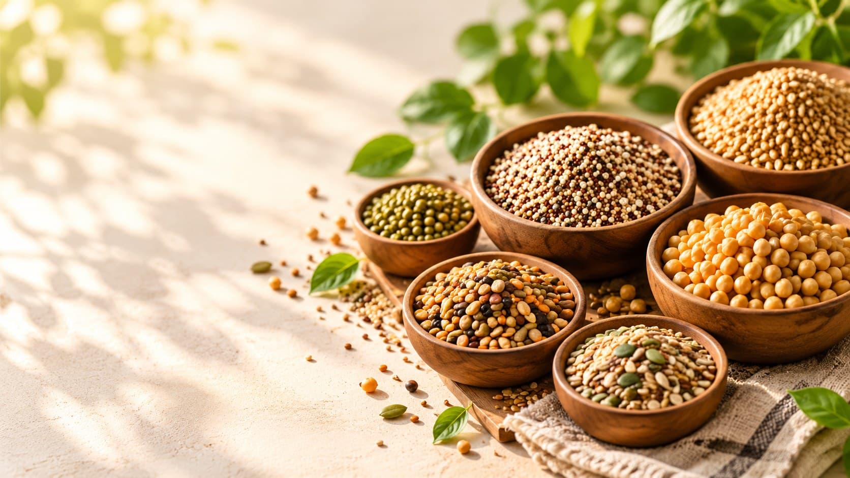 An assortment of fiber-rich foods in bowls