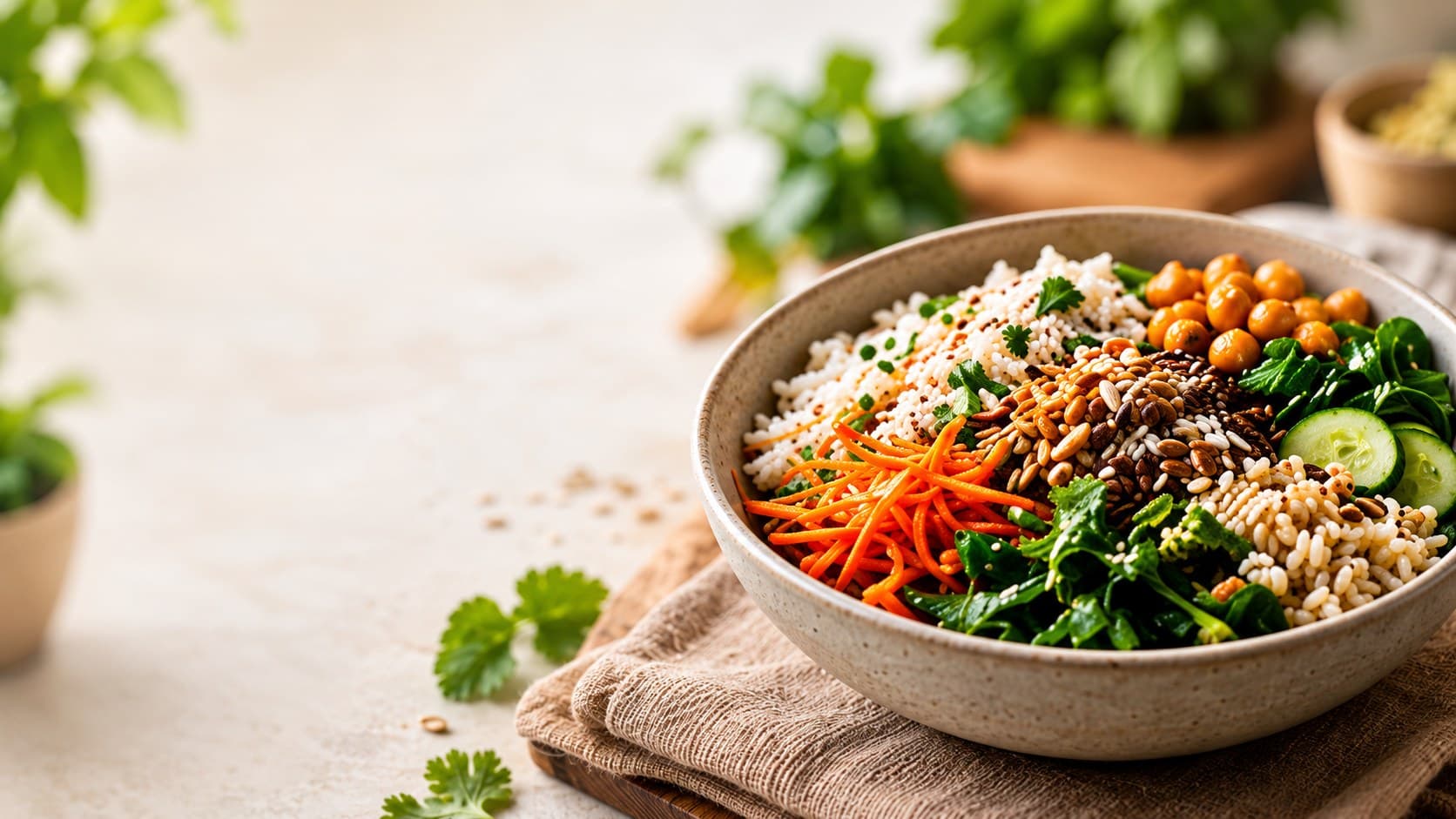 A fiber-rich bowl of rice, chickpeas and fresh vegetables