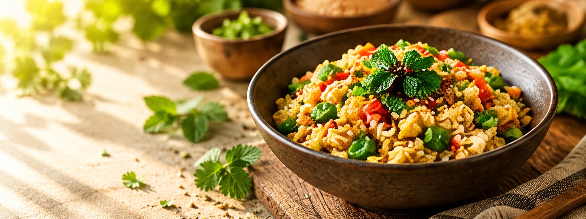 A rustic bowl of quinoa with mixed vegetables and mint
