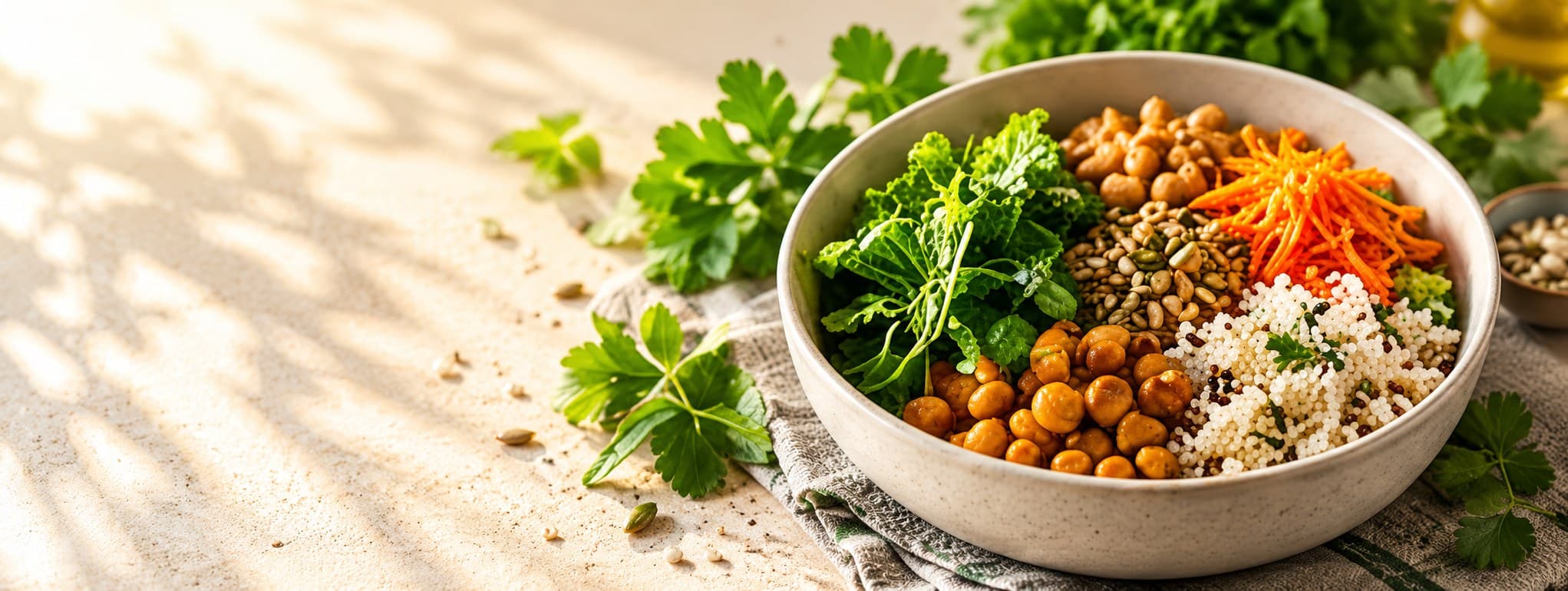A nourishing bowl of grains, legumes and fresh vegetables