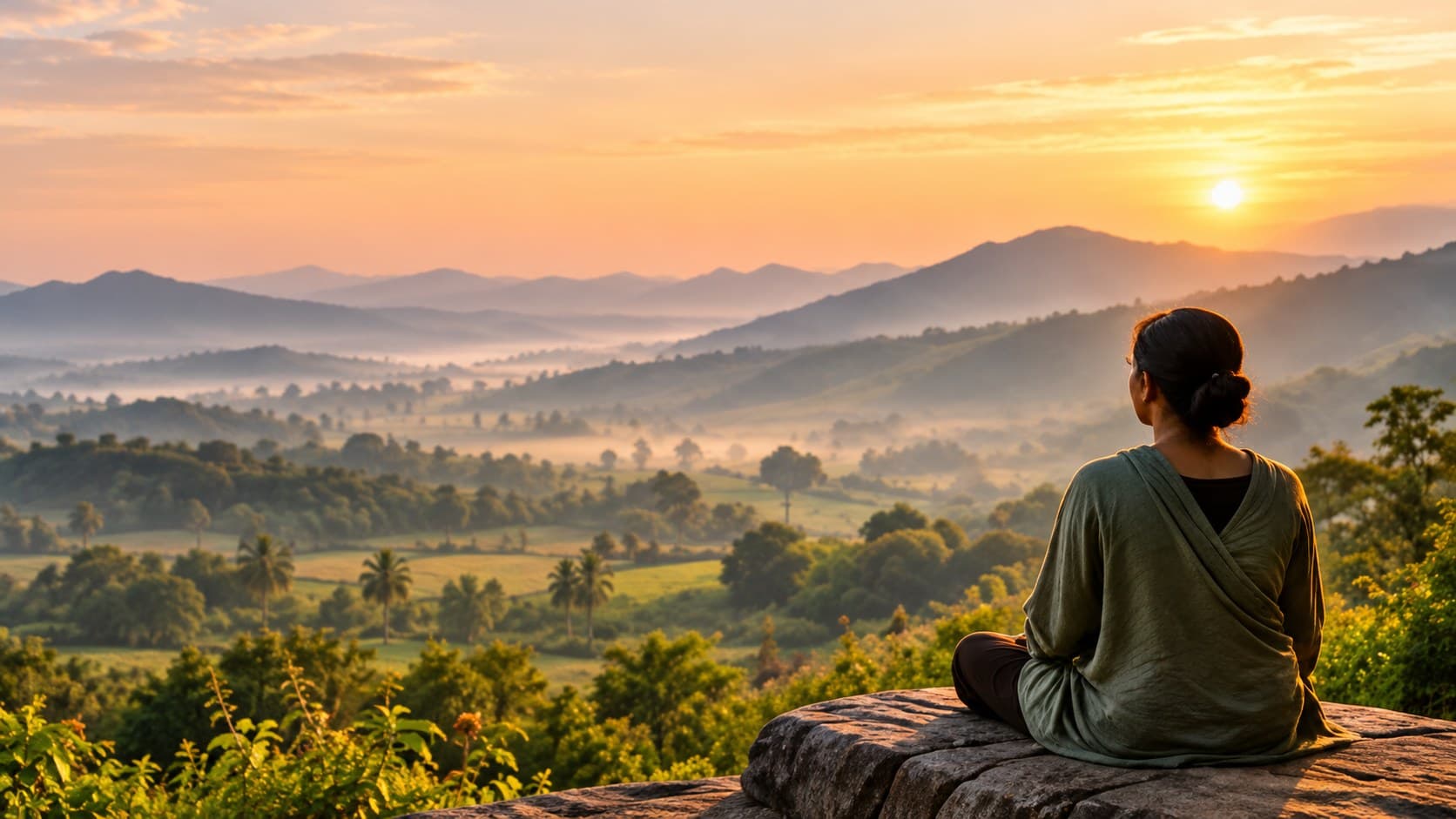 A woman looking out over misty hills at sunrise