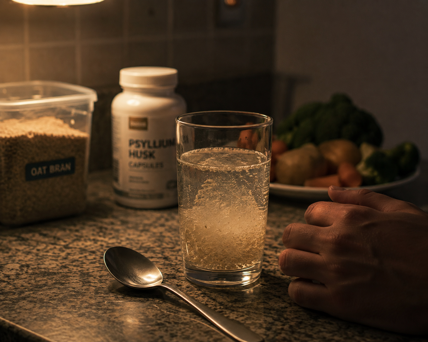 A glass of water with psyllium husk stirred into it on a dim kitchen counter, oat bran and a supplement bottle blurred in the background.