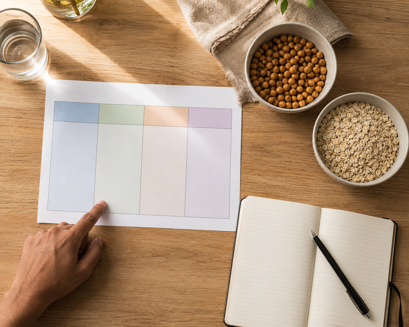 An overhead view of a kitchen table with a simple four-column fiber chart, a bowl of chickpeas, and an open notebook.