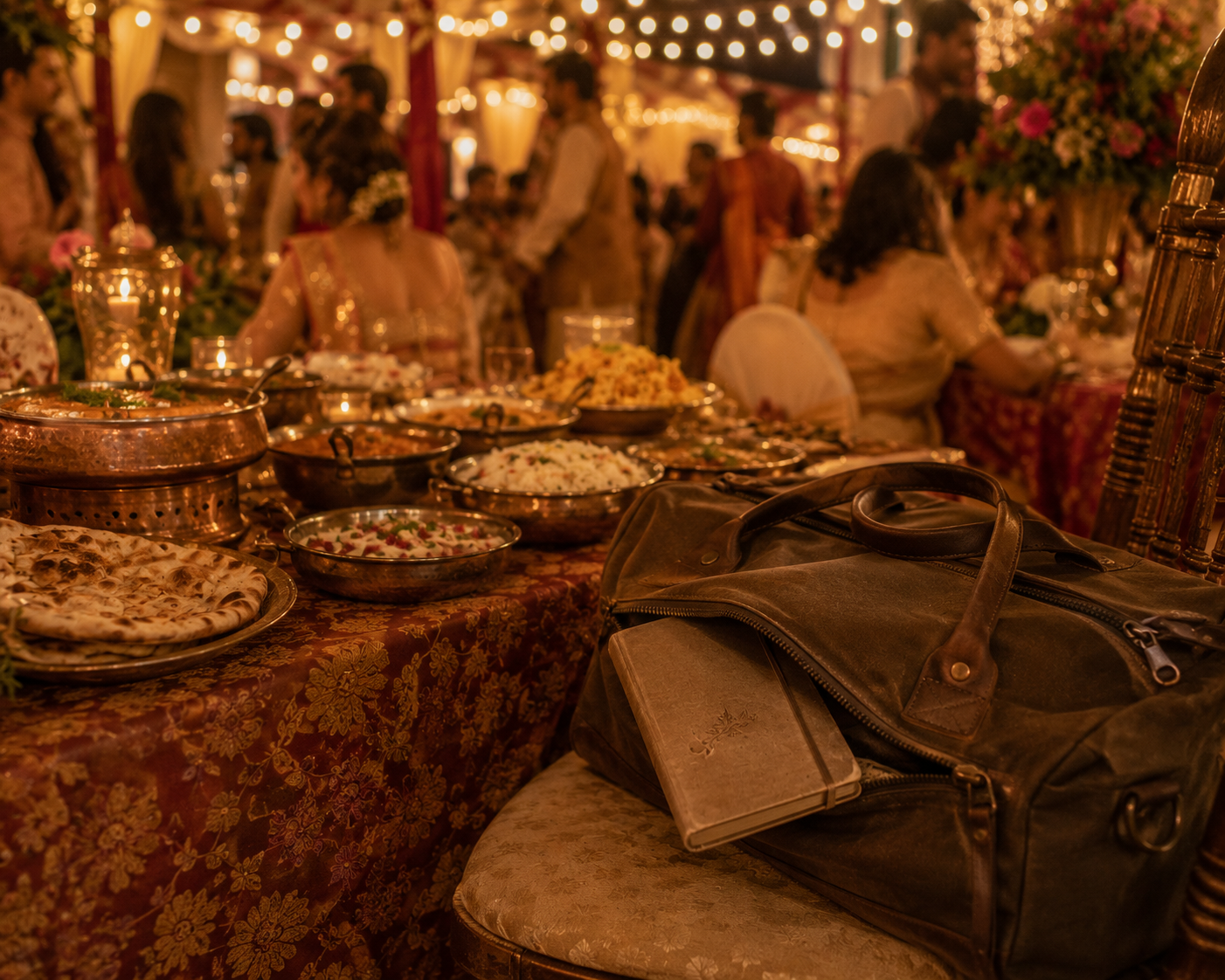 A festive wedding feast table under string lights, with a travel notebook peeking out of a bag on a nearby chair.