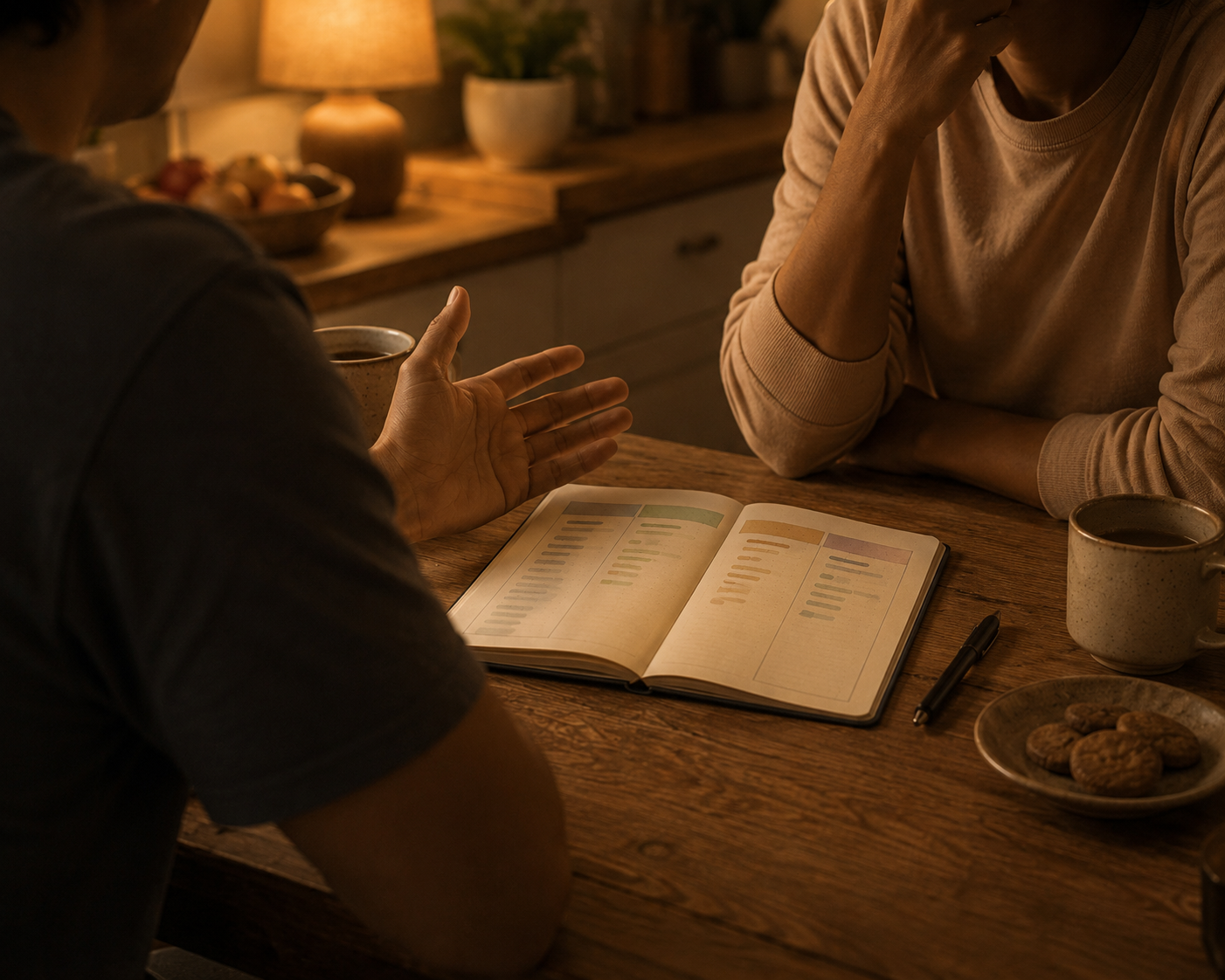 Two people at a kitchen table in evening light, an open notebook of tracked foods between them, one explaining to the other.